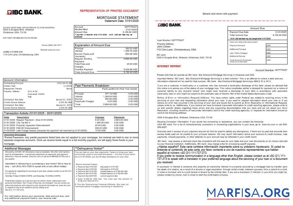 Downloadable USA IBC bank mortgage statement in Word and PDF formats, 3 pages 1 2 sample